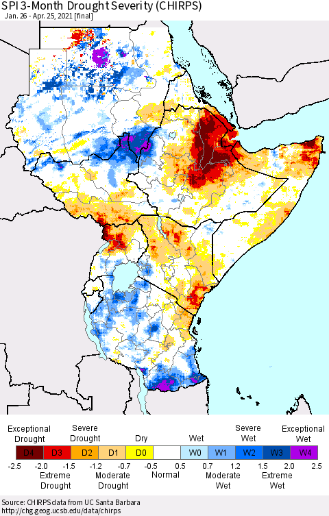 Eastern Africa SPI 3-Month Drought Severity (CHIRPS) Thematic Map For 1/26/2021 - 4/25/2021
