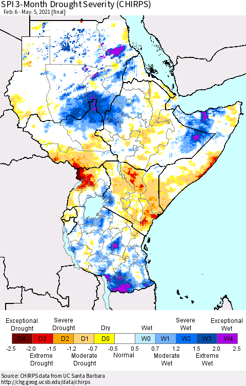 Eastern Africa SPI 3-Month Drought Severity (CHIRPS) Thematic Map For 2/6/2021 - 5/5/2021