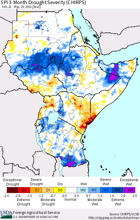 Eastern Africa SPI 3-Month Drought Severity (CHIRPS) Thematic Map For 2/21/2021 - 5/20/2021