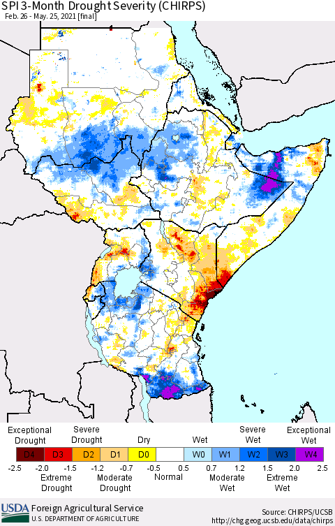Eastern Africa SPI 3-Month Drought Severity (CHIRPS) Thematic Map For 2/26/2021 - 5/25/2021