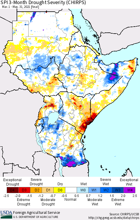 Eastern Africa SPI 3-Month Drought Severity (CHIRPS) Thematic Map For 3/1/2021 - 5/31/2021