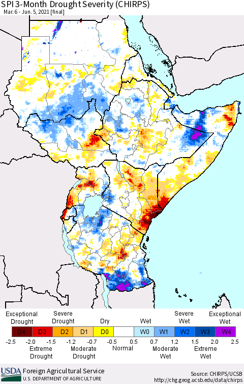 Eastern Africa SPI 3-Month Drought Severity (CHIRPS) Thematic Map For 3/6/2021 - 6/5/2021