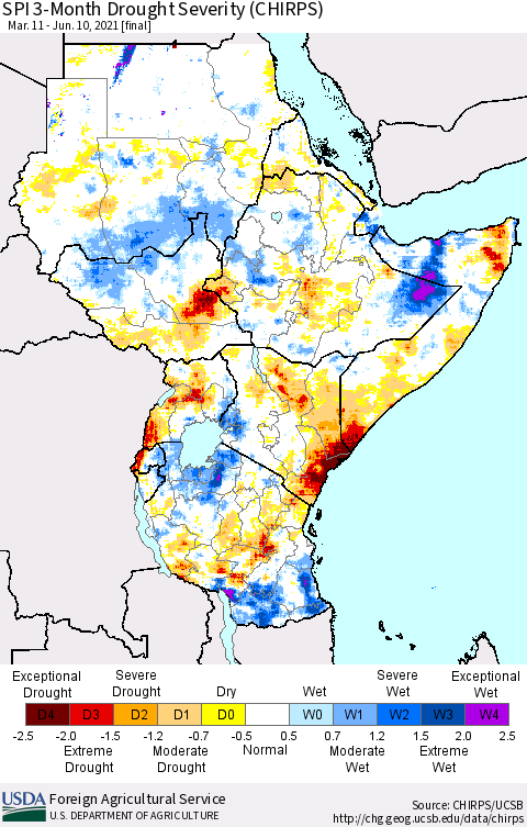 Eastern Africa SPI 3-Month Drought Severity (CHIRPS) Thematic Map For 3/11/2021 - 6/10/2021