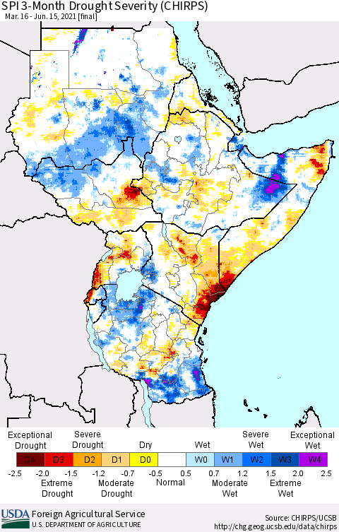 Eastern Africa SPI 3-Month Drought Severity (CHIRPS) Thematic Map For 3/16/2021 - 6/15/2021