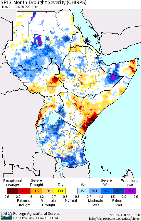Eastern Africa SPI 3-Month Drought Severity (CHIRPS) Thematic Map For 3/21/2021 - 6/20/2021
