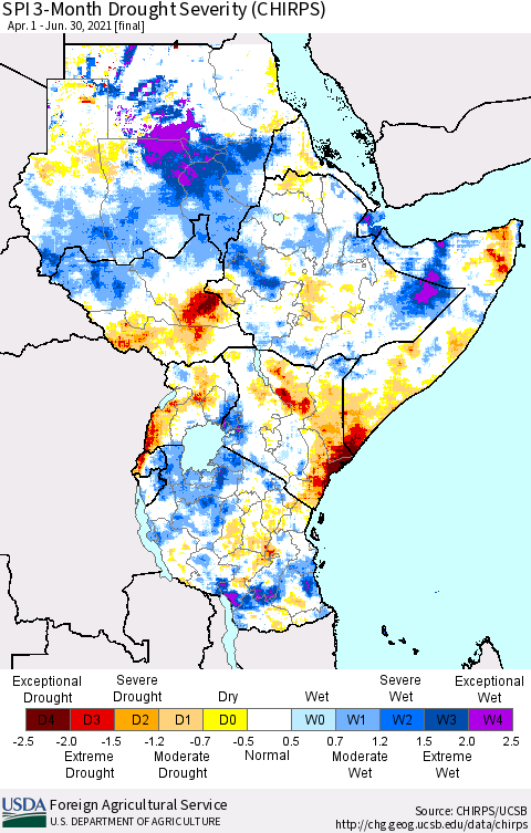 Eastern Africa SPI 3-Month Drought Severity (CHIRPS) Thematic Map For 4/1/2021 - 6/30/2021