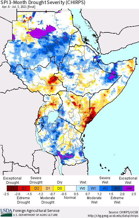 Eastern Africa SPI 3-Month Drought Severity (CHIRPS) Thematic Map For 4/6/2021 - 7/5/2021