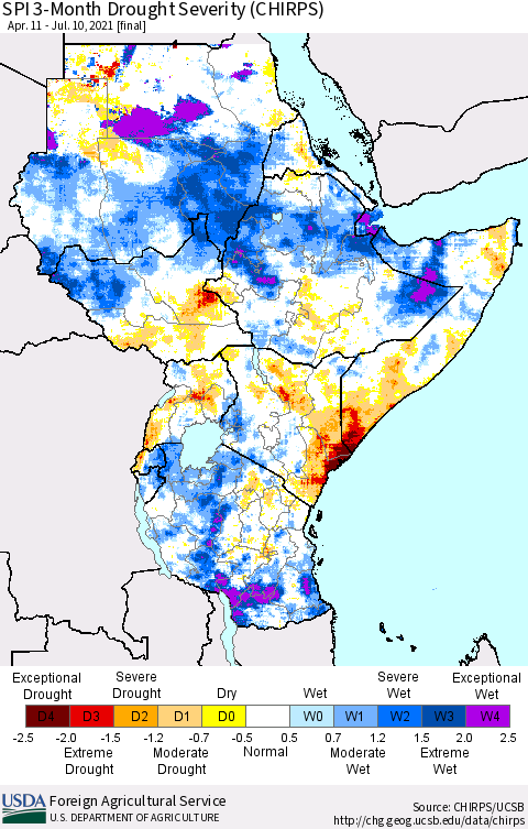 Eastern Africa SPI 3-Month Drought Severity (CHIRPS) Thematic Map For 4/11/2021 - 7/10/2021