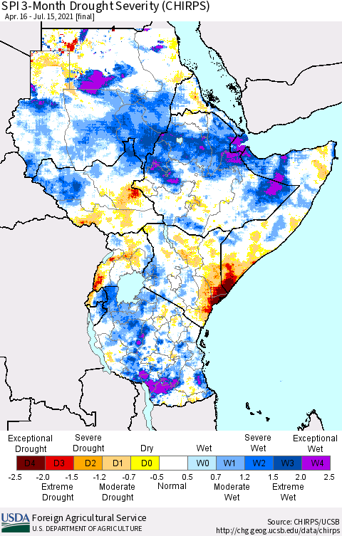 Eastern Africa SPI 3-Month Drought Severity (CHIRPS) Thematic Map For 4/16/2021 - 7/15/2021