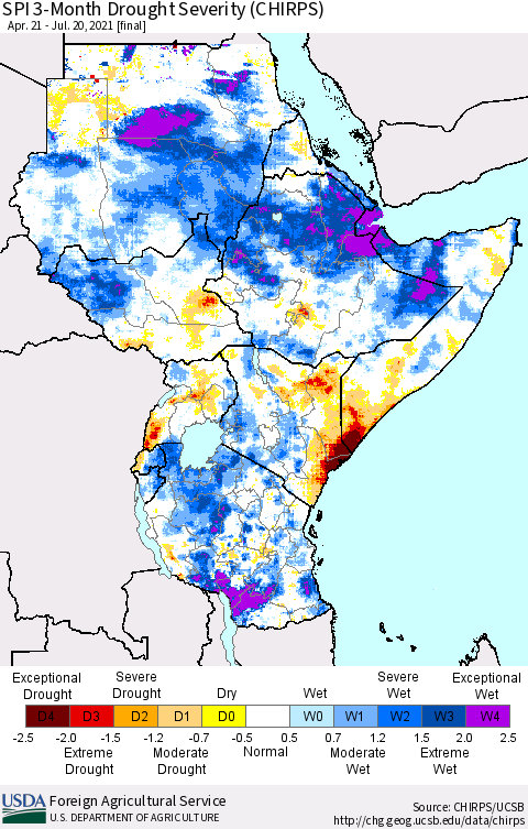 Eastern Africa SPI 3-Month Drought Severity (CHIRPS) Thematic Map For 4/21/2021 - 7/20/2021