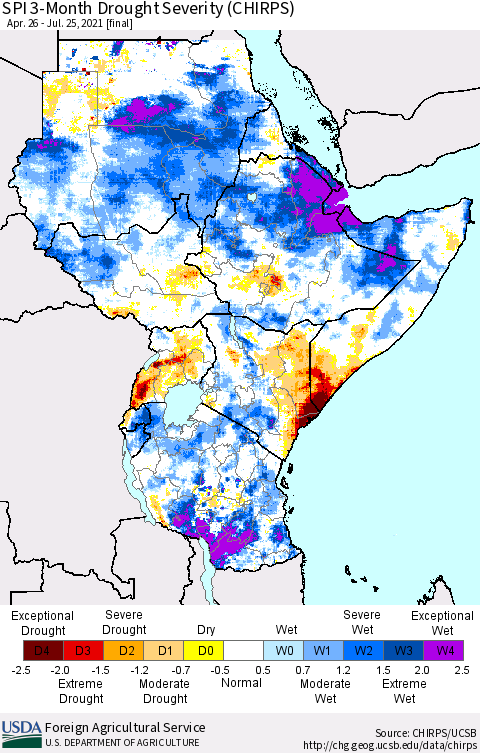 Eastern Africa SPI 3-Month Drought Severity (CHIRPS) Thematic Map For 4/26/2021 - 7/25/2021