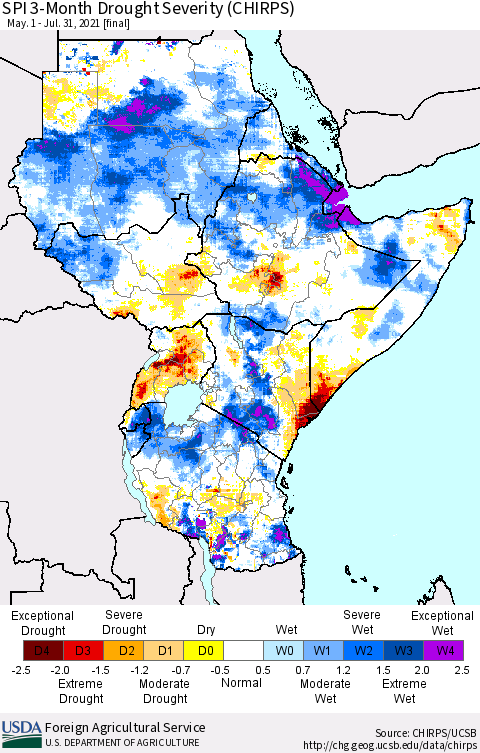 Eastern Africa SPI 3-Month Drought Severity (CHIRPS) Thematic Map For 5/1/2021 - 7/31/2021