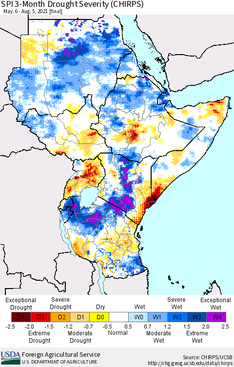 Eastern Africa SPI 3-Month Drought Severity (CHIRPS) Thematic Map For 5/6/2021 - 8/5/2021