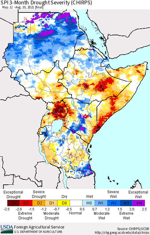 Eastern Africa SPI 3-Month Drought Severity (CHIRPS) Thematic Map For 5/11/2021 - 8/10/2021