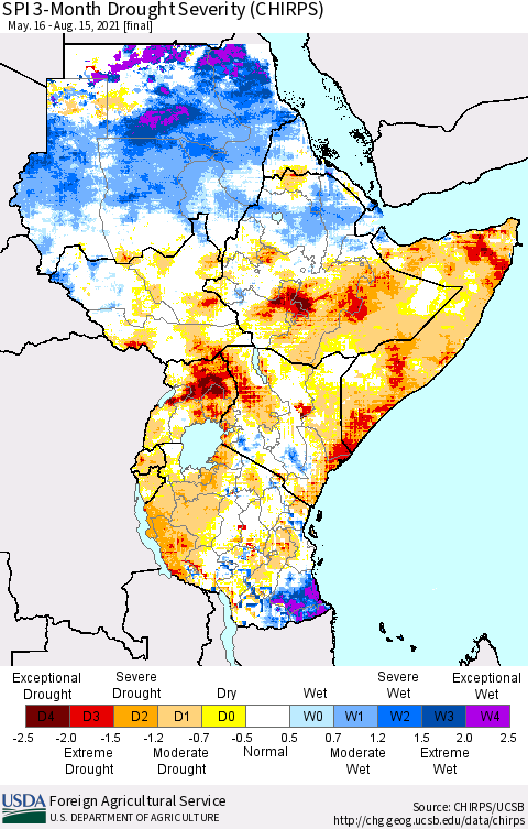 Eastern Africa SPI 3-Month Drought Severity (CHIRPS) Thematic Map For 5/16/2021 - 8/15/2021