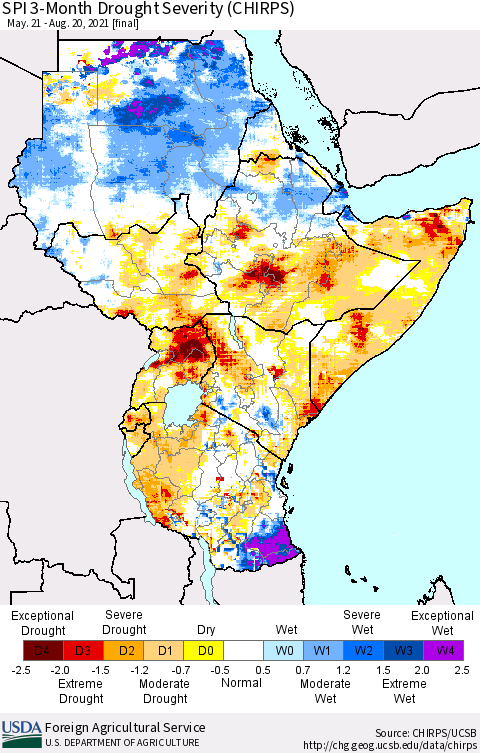 Eastern Africa SPI 3-Month Drought Severity (CHIRPS) Thematic Map For 5/21/2021 - 8/20/2021