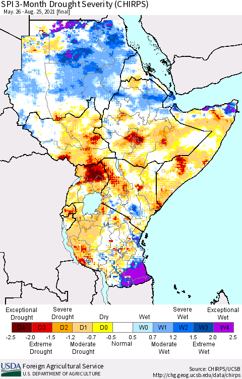 Eastern Africa SPI 3-Month Drought Severity (CHIRPS) Thematic Map For 5/26/2021 - 8/25/2021