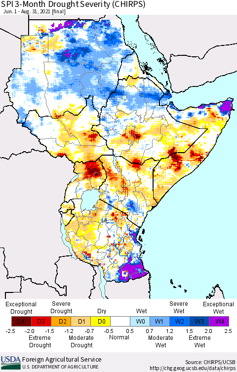 Eastern Africa SPI 3-Month Drought Severity (CHIRPS) Thematic Map For 6/1/2021 - 8/31/2021