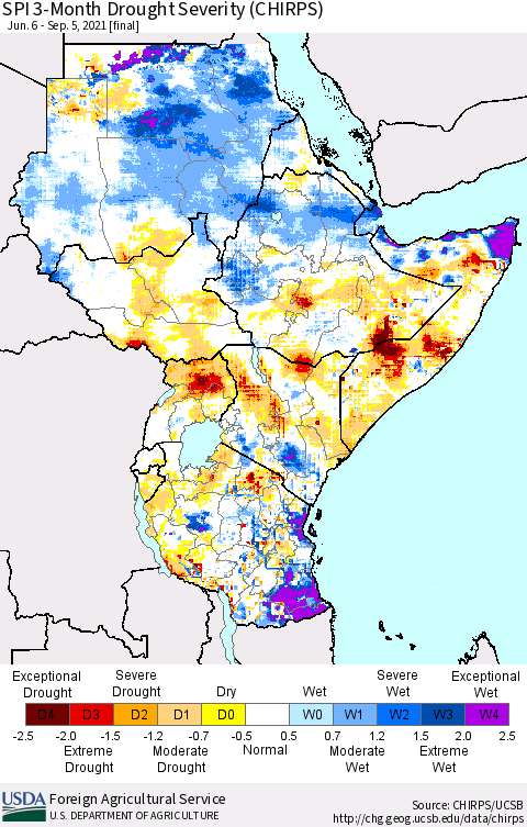 Eastern Africa SPI 3-Month Drought Severity (CHIRPS) Thematic Map For 6/6/2021 - 9/5/2021