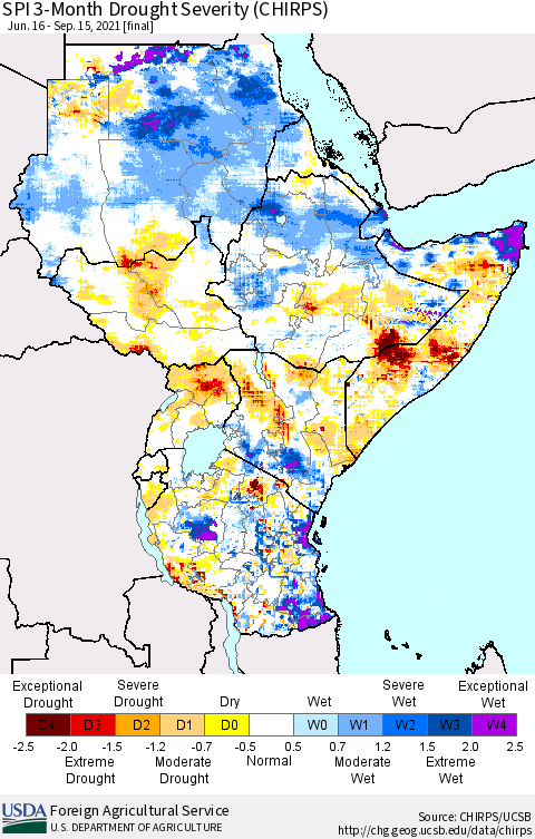 Eastern Africa SPI 3-Month Drought Severity (CHIRPS) Thematic Map For 6/16/2021 - 9/15/2021