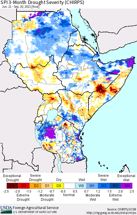 Eastern Africa SPI 3-Month Drought Severity (CHIRPS) Thematic Map For 6/21/2021 - 9/20/2021