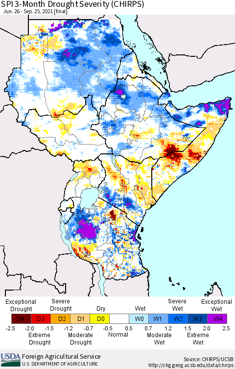 Eastern Africa SPI 3-Month Drought Severity (CHIRPS) Thematic Map For 6/26/2021 - 9/25/2021