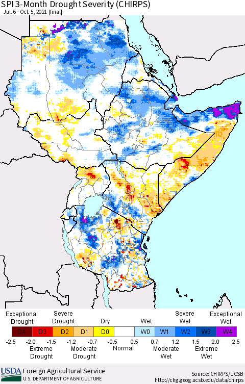 Eastern Africa SPI 3-Month Drought Severity (CHIRPS) Thematic Map For 7/6/2021 - 10/5/2021
