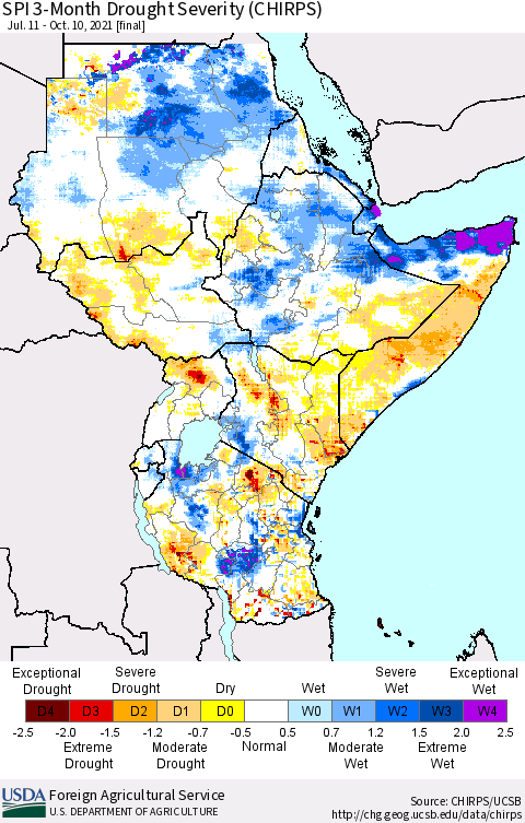 Eastern Africa SPI 3-Month Drought Severity (CHIRPS) Thematic Map For 7/11/2021 - 10/10/2021
