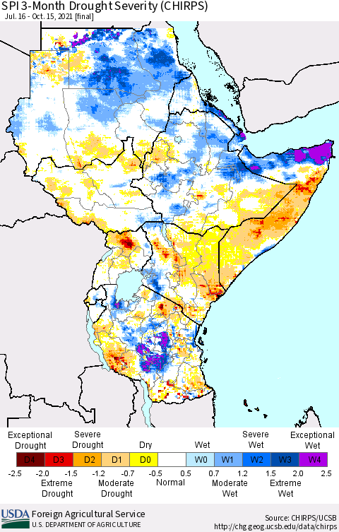 Eastern Africa SPI 3-Month Drought Severity (CHIRPS) Thematic Map For 7/16/2021 - 10/15/2021