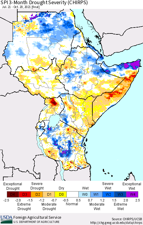 Eastern Africa SPI 3-Month Drought Severity (CHIRPS) Thematic Map For 7/21/2021 - 10/20/2021