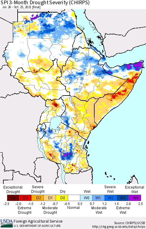 Eastern Africa SPI 3-Month Drought Severity (CHIRPS) Thematic Map For 7/26/2021 - 10/25/2021