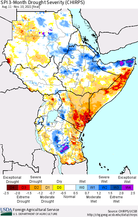 Eastern Africa SPI 3-Month Drought Severity (CHIRPS) Thematic Map For 8/11/2021 - 11/10/2021