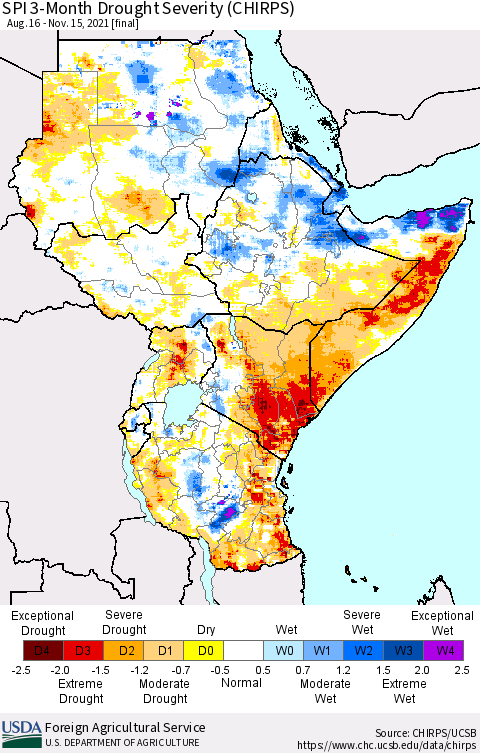 Eastern Africa SPI 3-Month Drought Severity (CHIRPS) Thematic Map For 8/16/2021 - 11/15/2021