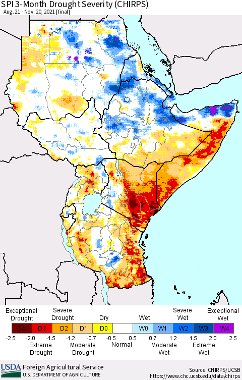 Eastern Africa SPI 3-Month Drought Severity (CHIRPS) Thematic Map For 8/21/2021 - 11/20/2021