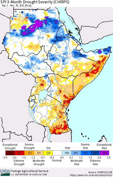 Eastern Africa SPI 3-Month Drought Severity (CHIRPS) Thematic Map For 9/1/2021 - 11/30/2021