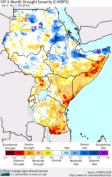 Eastern Africa SPI 3-Month Drought Severity (CHIRPS) Thematic Map For 9/6/2021 - 12/5/2021