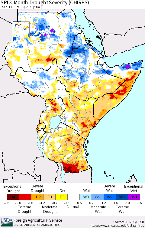 Eastern Africa SPI 3-Month Drought Severity (CHIRPS) Thematic Map For 9/11/2021 - 12/10/2021
