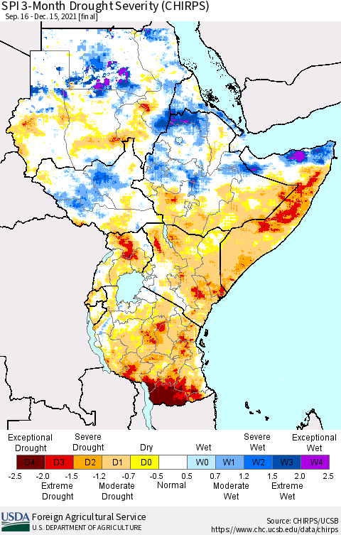 Eastern Africa SPI 3-Month Drought Severity (CHIRPS) Thematic Map For 9/16/2021 - 12/15/2021
