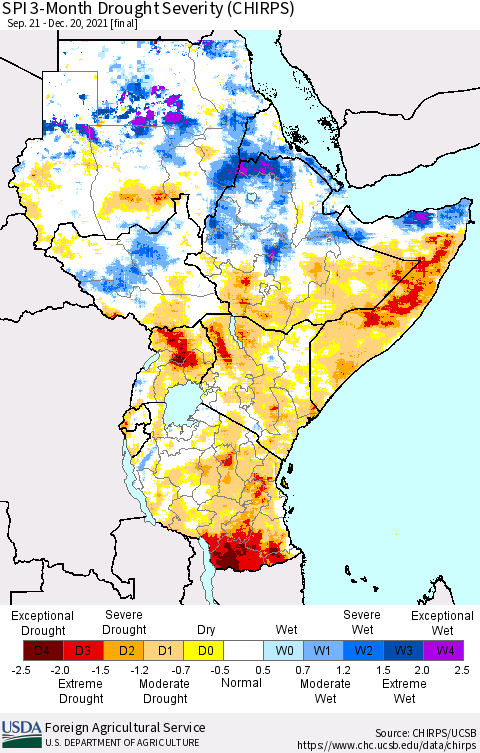 Eastern Africa SPI 3-Month Drought Severity (CHIRPS) Thematic Map For 9/21/2021 - 12/20/2021