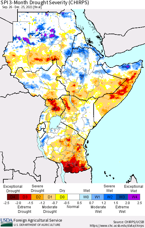 Eastern Africa SPI 3-Month Drought Severity (CHIRPS) Thematic Map For 9/26/2021 - 12/25/2021