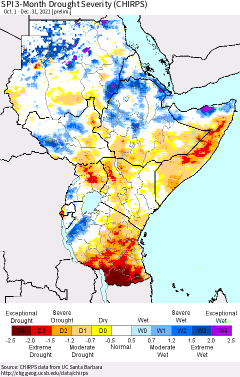 Eastern Africa SPI 3-Month Drought Severity (CHIRPS) Thematic Map For 10/1/2021 - 12/31/2021