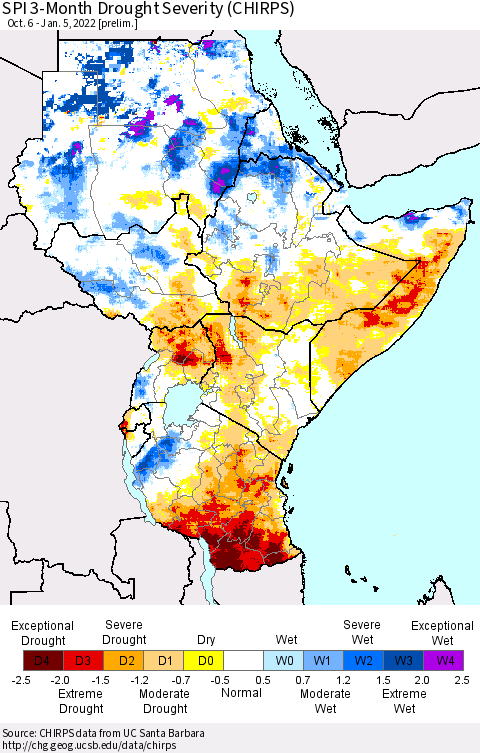 Eastern Africa SPI 3-Month Drought Severity (CHIRPS) Thematic Map For 10/6/2021 - 1/5/2022
