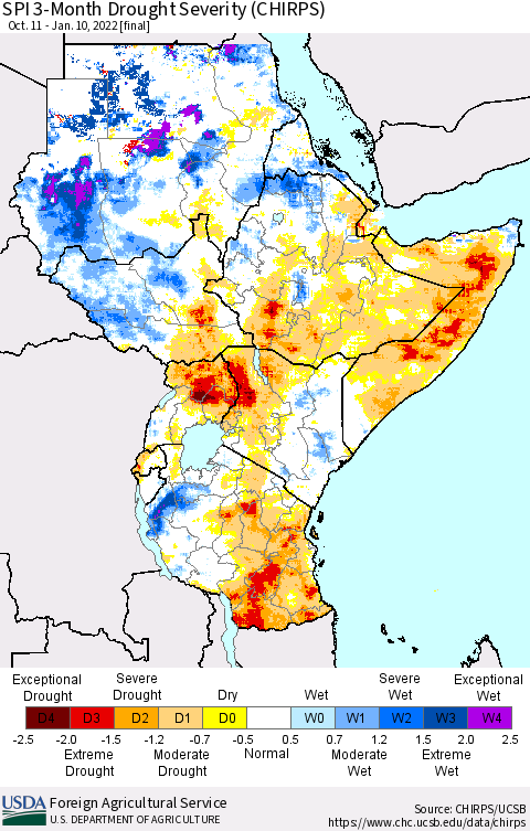 Eastern Africa SPI 3-Month Drought Severity (CHIRPS) Thematic Map For 10/11/2021 - 1/10/2022