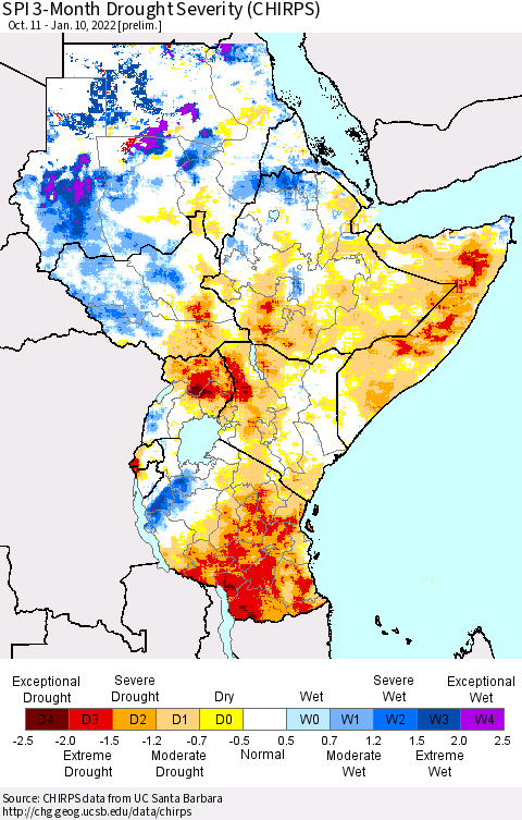 Eastern Africa SPI 3-Month Drought Severity (CHIRPS) Thematic Map For 10/11/2021 - 1/10/2022