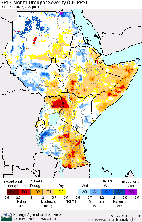 Eastern Africa SPI 3-Month Drought Severity (CHIRPS) Thematic Map For 10/16/2021 - 1/15/2022