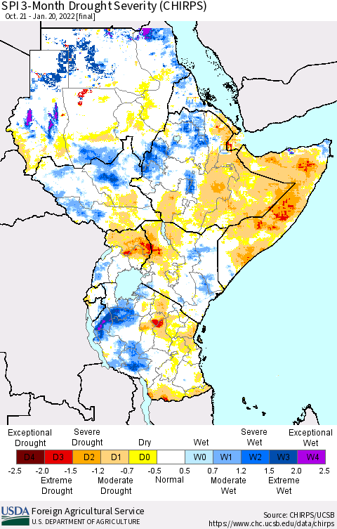 Eastern Africa SPI 3-Month Drought Severity (CHIRPS) Thematic Map For 10/21/2021 - 1/20/2022
