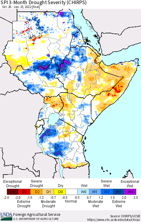 Eastern Africa SPI 3-Month Drought Severity (CHIRPS) Thematic Map For 10/26/2021 - 1/25/2022