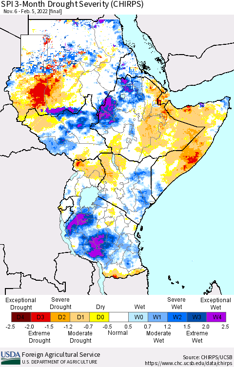 Eastern Africa SPI 3-Month Drought Severity (CHIRPS) Thematic Map For 11/6/2021 - 2/5/2022