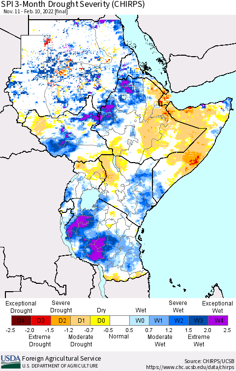 Eastern Africa SPI 3-Month Drought Severity (CHIRPS) Thematic Map For 11/11/2021 - 2/10/2022