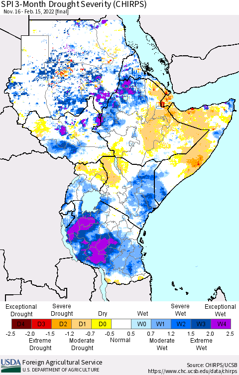 Eastern Africa SPI 3-Month Drought Severity (CHIRPS) Thematic Map For 11/16/2021 - 2/15/2022
